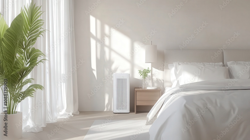 A bright, spacious bedroom with an air purifier on a bedside table, designed to keep the air clean for a restful night sleep in a comfortable, modern space A bright, spacious bedroom with an air purifier on a bedside table, designed to keep the air clean for a restful night sleep in a comfortable, modern space