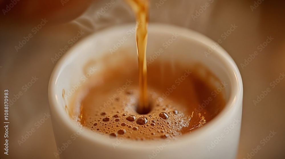 75.A close-up view of espresso being poured into a small white cup, with the rich crema beautifully forming and steam gently curling upward. The details of the crema’s texture and the warm tones of 75.A close-up view of espresso being poured into a small white cup, with the rich crema beautifully forming and steam gently curling upward. The details of the crema’s texture and the warm tones of