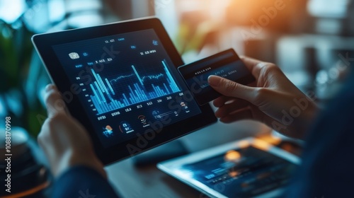 A business person holding a credit card close to a tablet, displaying a financial graph.