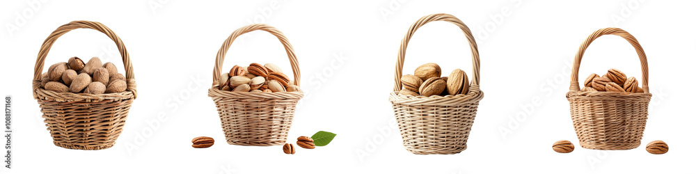 Pecans in a basket isolated on white background. Mix Collection Png. Pecans in a basket isolated on white background. Mix Collection Png.