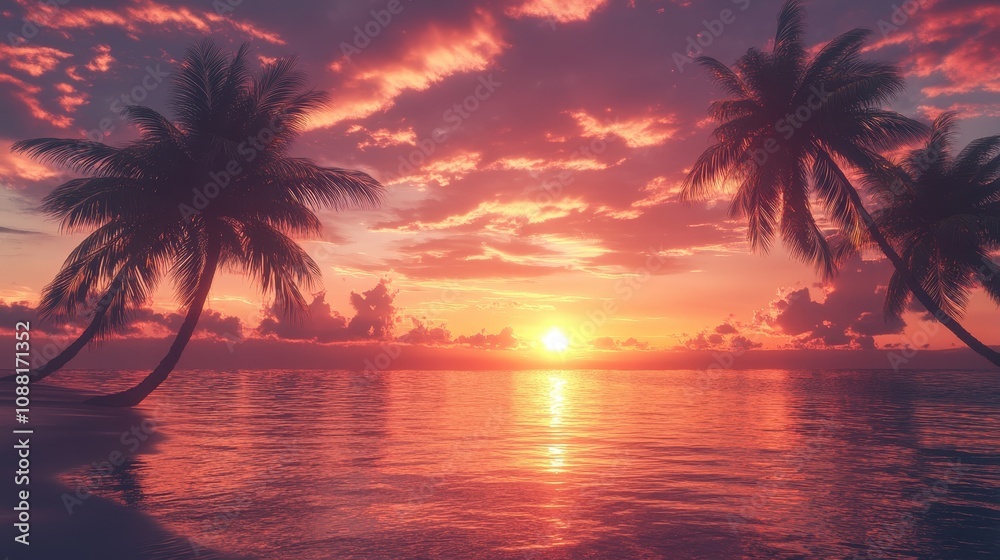 A captivating summer sunset over a beach with tall palm trees swaying gently in the breeze.