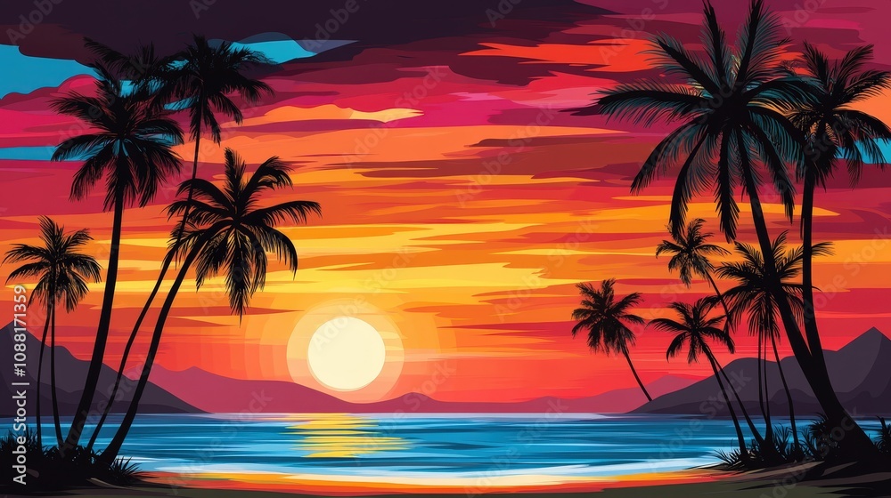 A captivating summer sunset over a beach with tall palm trees swaying gently in the breeze. A captivating summer sunset over a beach with tall palm trees swaying gently in the breeze.