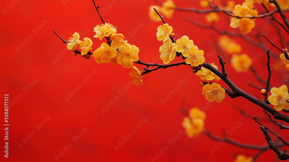 Branches with yellow apricot flowers on a bright red background. Tet, Lunar New Year or Chinese New Year card background, copyspace for your text. Spring flowers. Branches with yellow apricot flowers on a bright red background. Tet, Lunar New Year or Chinese New Year card background, copyspace for your text. Spring flowers.