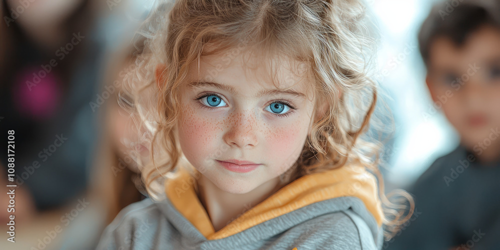 An adorable young girl wearing a grey hoodie, generative AI