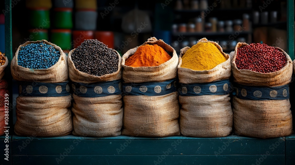 Fototapeta premium Vibrant Spice Stall Overflowing with Aromatic Ingredients in Lively Marrakech Marketplace