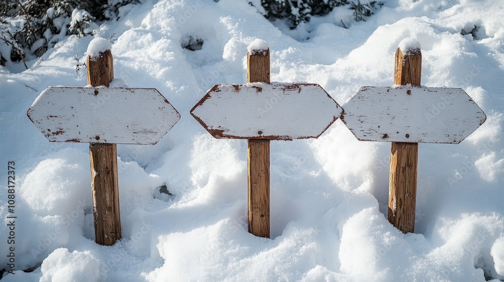 Naklejka premium Three blank wooden signs in snow.