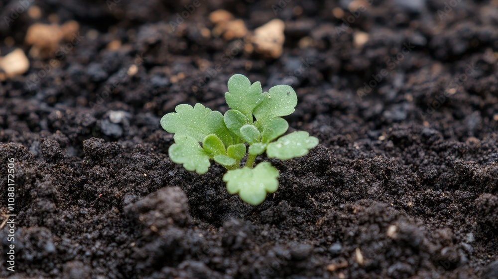 Naklejka premium A close-up of a small seedling growing in rich, dark soil, symbolizing the promise of new life and the start of growth in nature