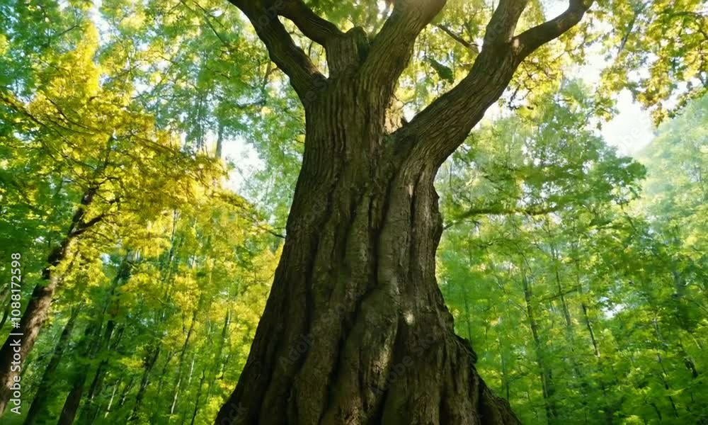 Majestic tree with thick roots stands tall in lush green forest, showcasing natures beauty.