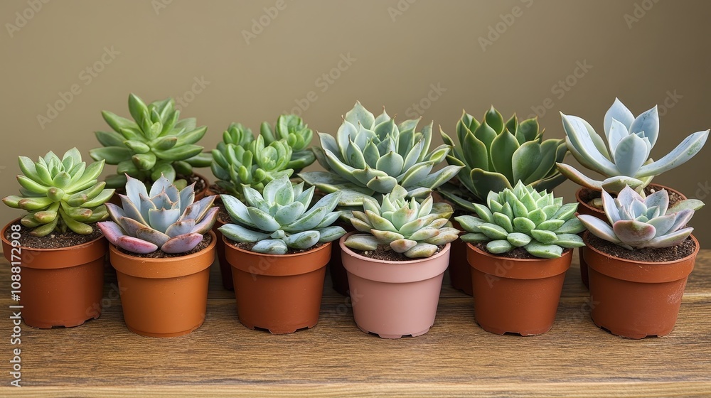 A collection of succulents growing in small pots on a wooden table, showcasing low-maintenance plants in a stylish arrangement A collection of succulents growing in small pots on a wooden table, showcasing low-maintenance plants in a stylish arrangement