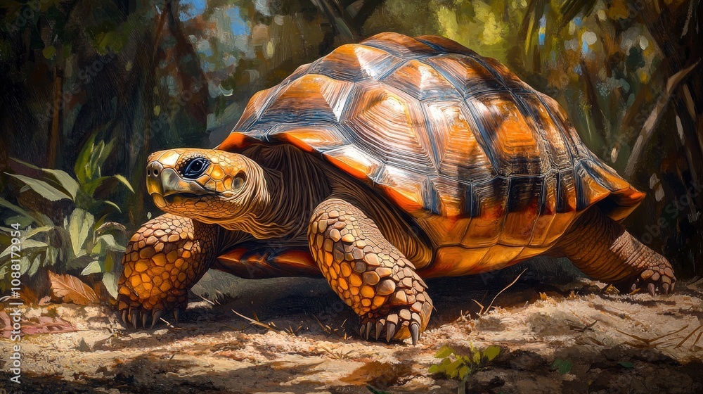 Obraz premium A colorful tortoise slowly making its way across a sunlit garden.