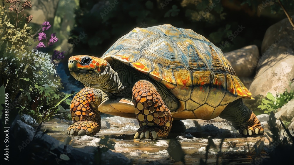 Obraz premium A colorful tortoise slowly making its way across a sunlit garden.