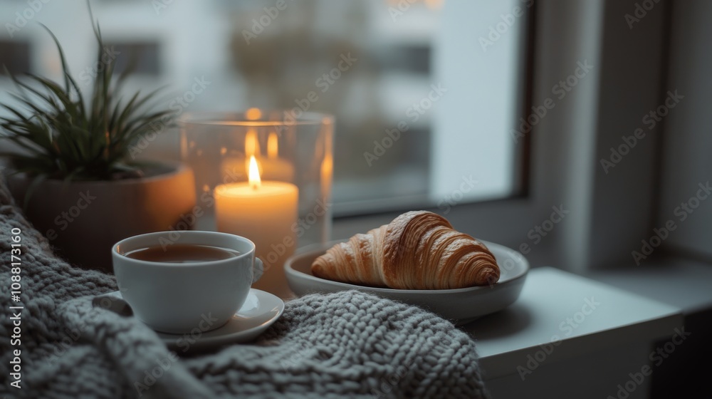 Cozy Kitchen Nook with Tea and Croissant for Relaxing Cozy Kitchen Nook with Tea and Croissant for Relaxing