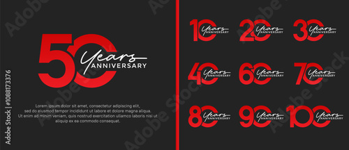 set of anniversary logo flat red color on black background for celebration moment