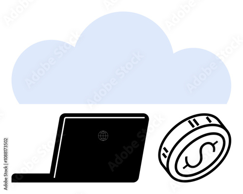 Laptop, cloud, and coin visual encapsulating financial technology and cloud computing merger. Ideal for startup presentations, fintech platforms, cloud services, financial strategy, investment tools