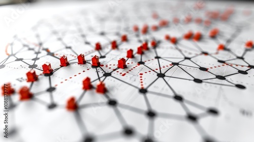 Network Of Small Houses And Red Lines. Concept Of Real Estate, Logistics, Global Communication.