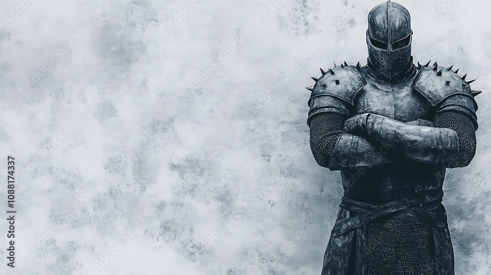 A knight in full armor stands with arms crossed against a textured wall. A knight in full armor stands with arms crossed against a textured wall.