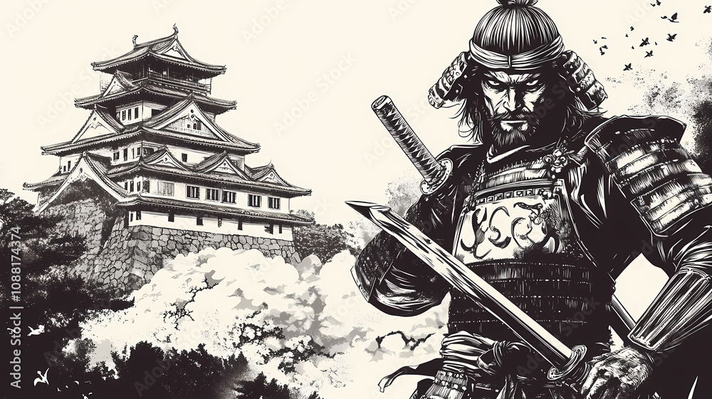 Naklejka premium Noble samurai warrior holding sword with osaka castle in background. Ancient Samurai Battle. Illustration
