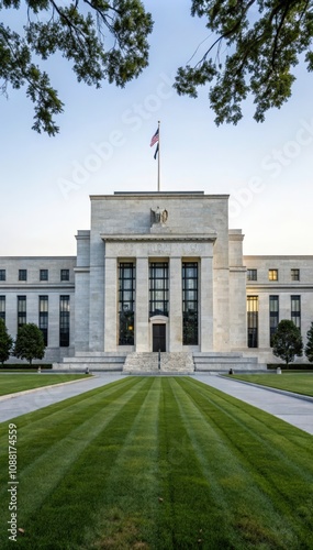 Marriner S Eccles Federal Reserve Board Building With Manicured Lawn and Clear Sky at Dusk. Generative AI photo