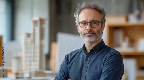 A portrait of a middle-aged European male architect in a design studio. He stands confidently with architectural models, showcasing professionalism and creativity.