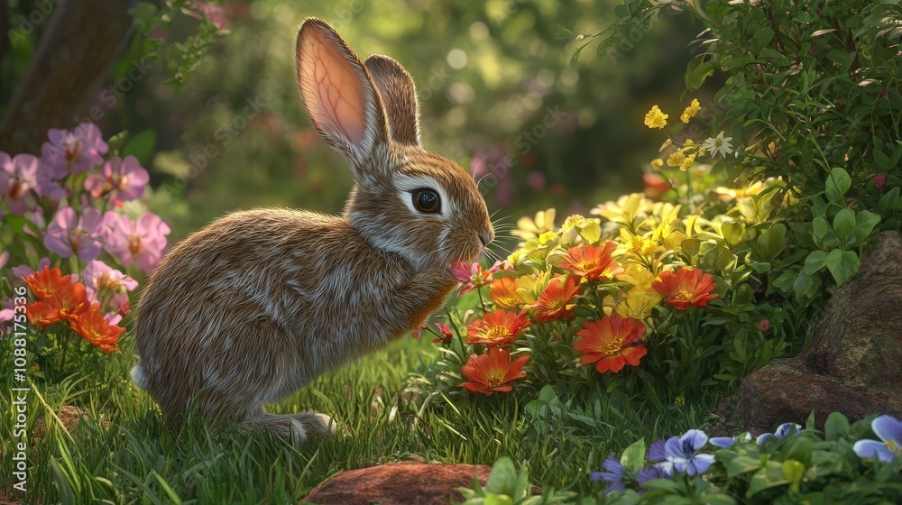 A cozy scene with a rabbit hopping around a garden, sniffing the fresh flowers. A cozy scene with a rabbit hopping around a garden, sniffing the fresh flowers.