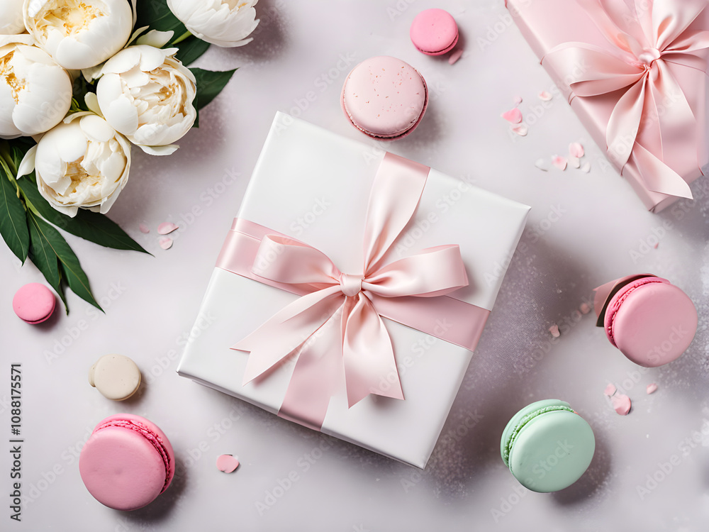 Gift box with bow, white peonies and sweet macaroons, holiday concept. Gift box with bow, white peonies and sweet macaroons, holiday concept.