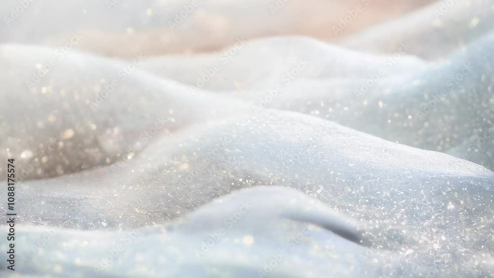 Delicate white fabric draped gracefully, shimmering with fine glitter particles, creating an elegant and dreamy visual effect.