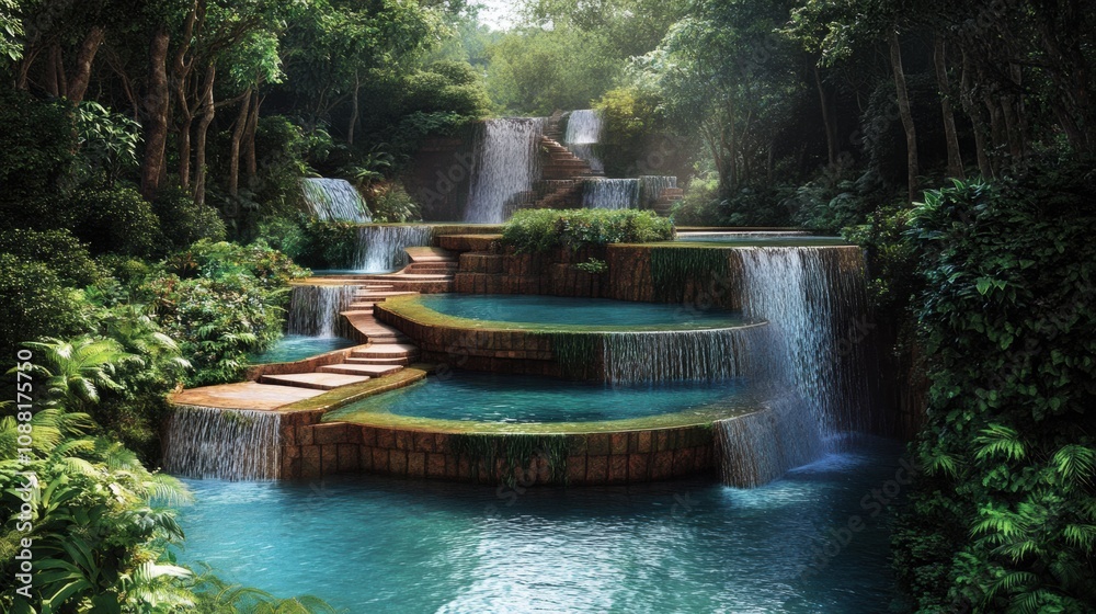 Serene Cascading Waterfalls Surrounded by Lush Greenery, Tranquil Pooling Areas, and Natural Beauty in a Vibrant Forest Landscape Serene Cascading Waterfalls Surrounded by Lush Greenery, Tranquil Pooling Areas, and Natural Beauty in a Vibrant Forest Landscape