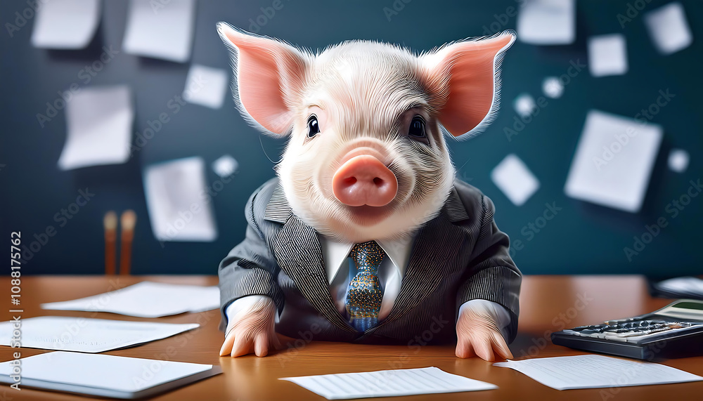 Adorable Piglet in a Suit at a Tiny Office Desk Adorable Piglet in a Suit at a Tiny Office Desk