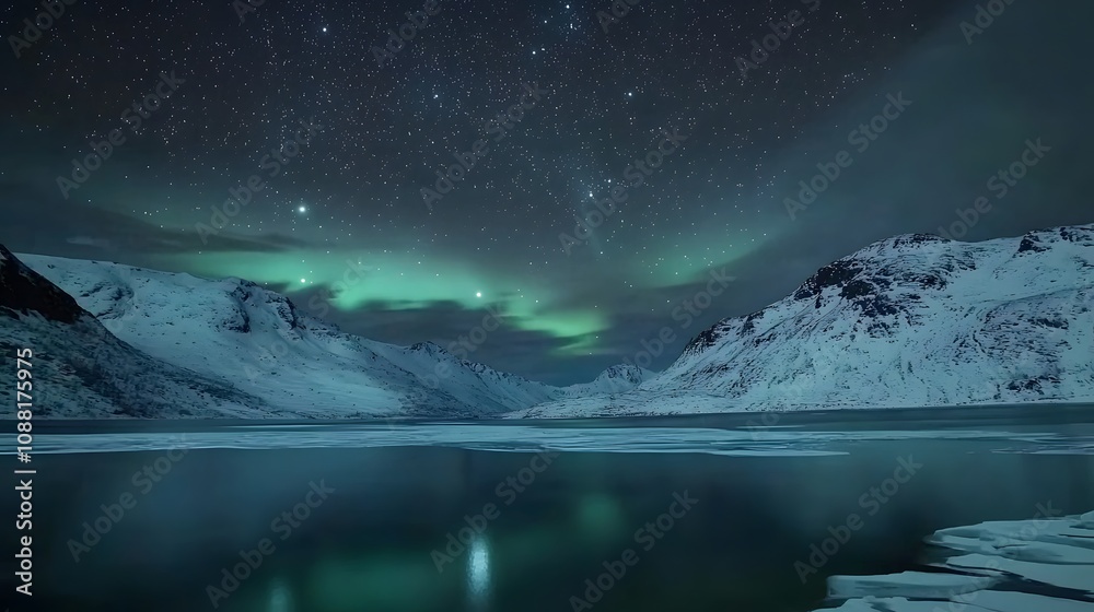 Long-Exposure Shot of Northern Lights Shimmering Over Icy Lake with Star-Filled Skies