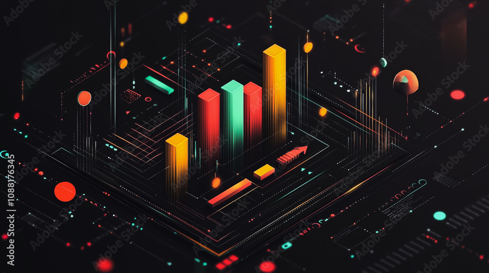 Fototapeta premium Abstract black background with 3D Colorful charts and graphs with statistics to innovative analyze business potential and forecast future development of companies growth.