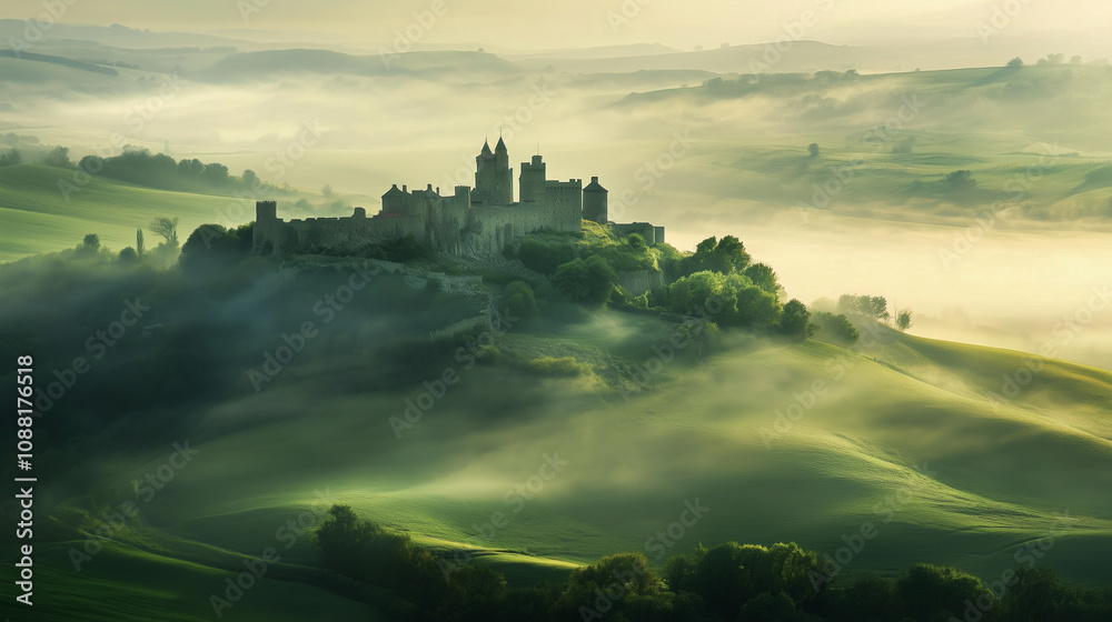 Ancient stone castle perched on a hilltop, surrounded by fog and rolling green fields. Ancient stone castle perched on a hilltop, surrounded by fog and rolling green fields.