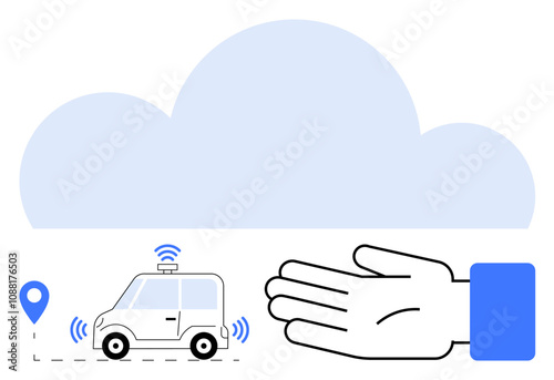 Small driverless car with wireless signals under a large cloud connected to a human hand icon. Ideal for future technology, smart transportation, IoT, cloud services, connectivity, innovative