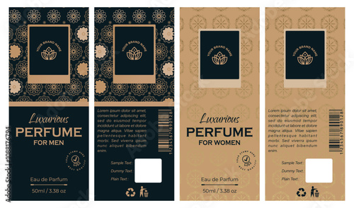 Perfume Label Designs Elegant Collection with Gold and Black Frame Templates for Luxury Product Packaging, Includes Logo and Label Templates for Soap, Wine, and Lotion Vector Illustration