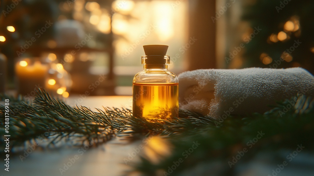 Golden essential oil bottle, soft towel, and pine sprigs on a wooden surface.  Warm, inviting spa setting.