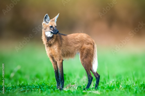 Wild Guará wolf (Chrysocyon brachyurus) one of the rarest wolves in the world lives in the Brazilian cerrado biome feeds on fruits and meat. photo