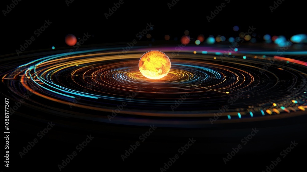 Obraz premium Vibrant Cosmic Scene with a Radiant Sun Surrounded by Colorful Orbits in Space, Depicting the Harmony of Celestial Bodies and Their Movements in the Universe