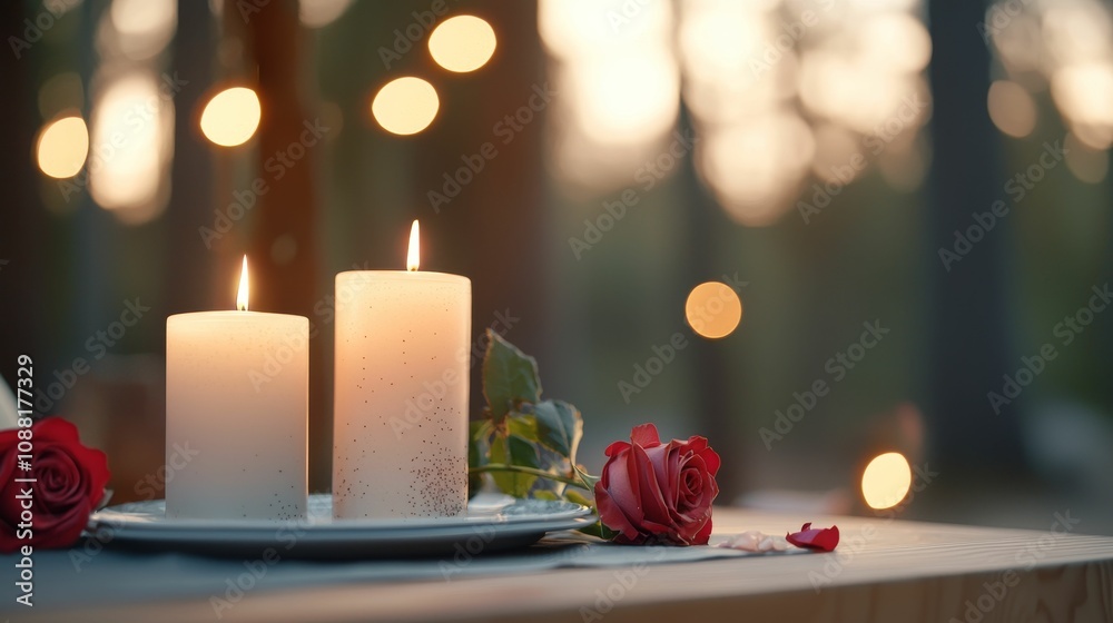 valentine date night sweetness concept, Two lit candles sit on a table surrounded by roses, creating a romantic ambiance with blurred lights in the background.