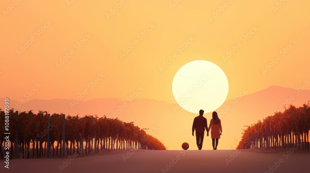 valentine date night sweetness concept, A serene sunset scene featuring a couple walking hand in hand along a path, with a large sun setting behind them and silhouetted trees lining the way.