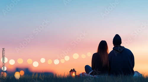 valentine date night sweetness concept, A couple sits together silhouetted against a colorful sunset, evoking feelings of love and tranquility.