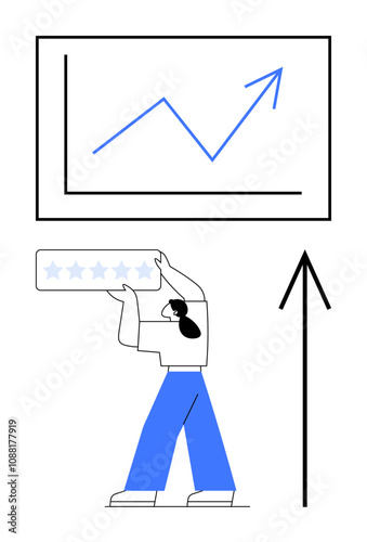Business person holds five-star rating under a rising graph and upward arrow. Ideal for business growth, customer feedback, success, performance improvement, positive reviews, rankings, achievements
