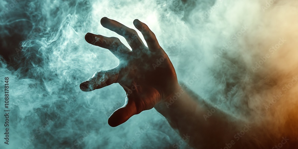 Obraz premium Hand reaching through smoke. Concept of mystery, suspense, and the unknown.