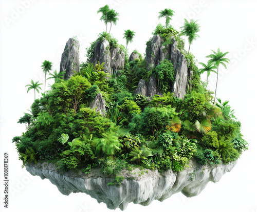 Green island with rocky cliffs and dense vegetation, on white background. PNG transparent.