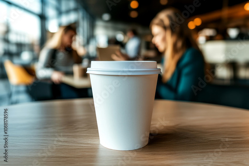 A white coffee cup sits on a wooden table in coffee shop with blur woman reading book on background.