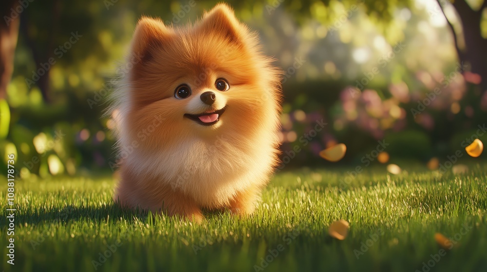A fluffy Pomeranian sitting proudly on a grassy lawn, looking up with a cheerful expression A fluffy Pomeranian sitting proudly on a grassy lawn, looking up with a cheerful expression