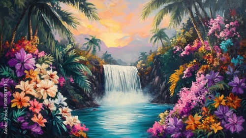 Lush Tropical Landscape with Vibrant Flowers, Majestic Waterfall, and Serene Pool Reflecting Colorful Sunset Over Exotic Paradise
