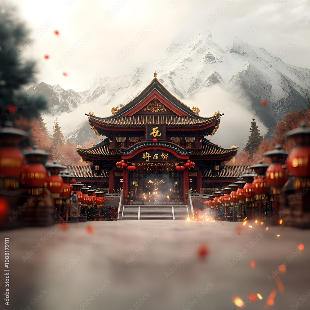 Fototapeta premium Magnificent Traditional Chinese Temple Adorned for Lunar New Year Festivities