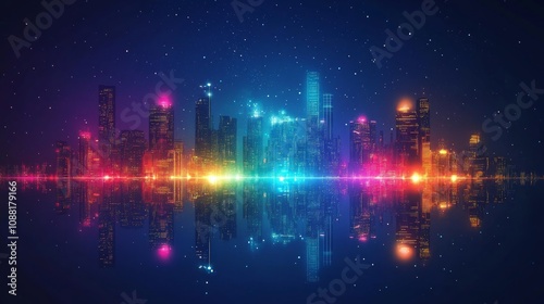 Vibrant cityscape reflected in water at night, illuminated with colorful lights and stars.