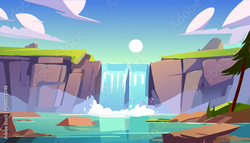 Waterfall in the mountains. Flat style vector illustration. Cartoon landscape.