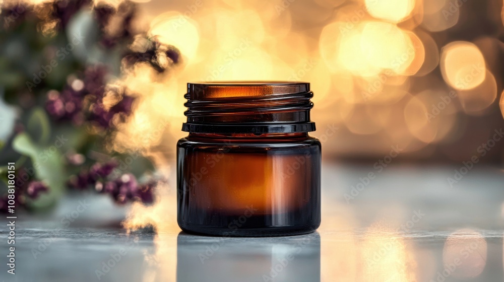 Amber glass jar of cosmetic cream on marble surface with blurred floral background and bokeh lights. Amber glass jar of cosmetic cream on marble surface with blurred floral background and bokeh lights.