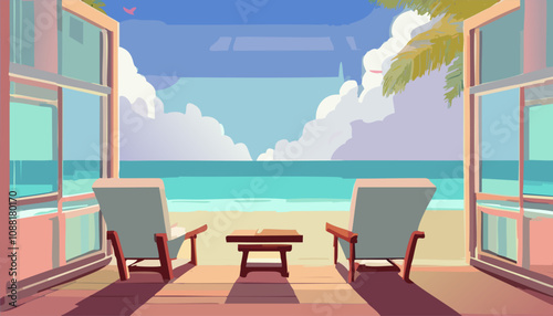 Beach cafe terrace with chairs and table vector cartoon illustration.